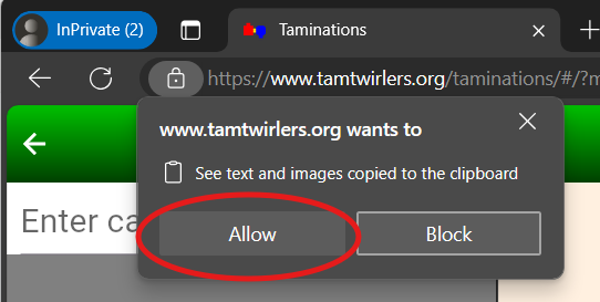 Browser clipboard permission prompt with Allow circled