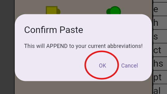 Confirm Paste dialog with OK circled