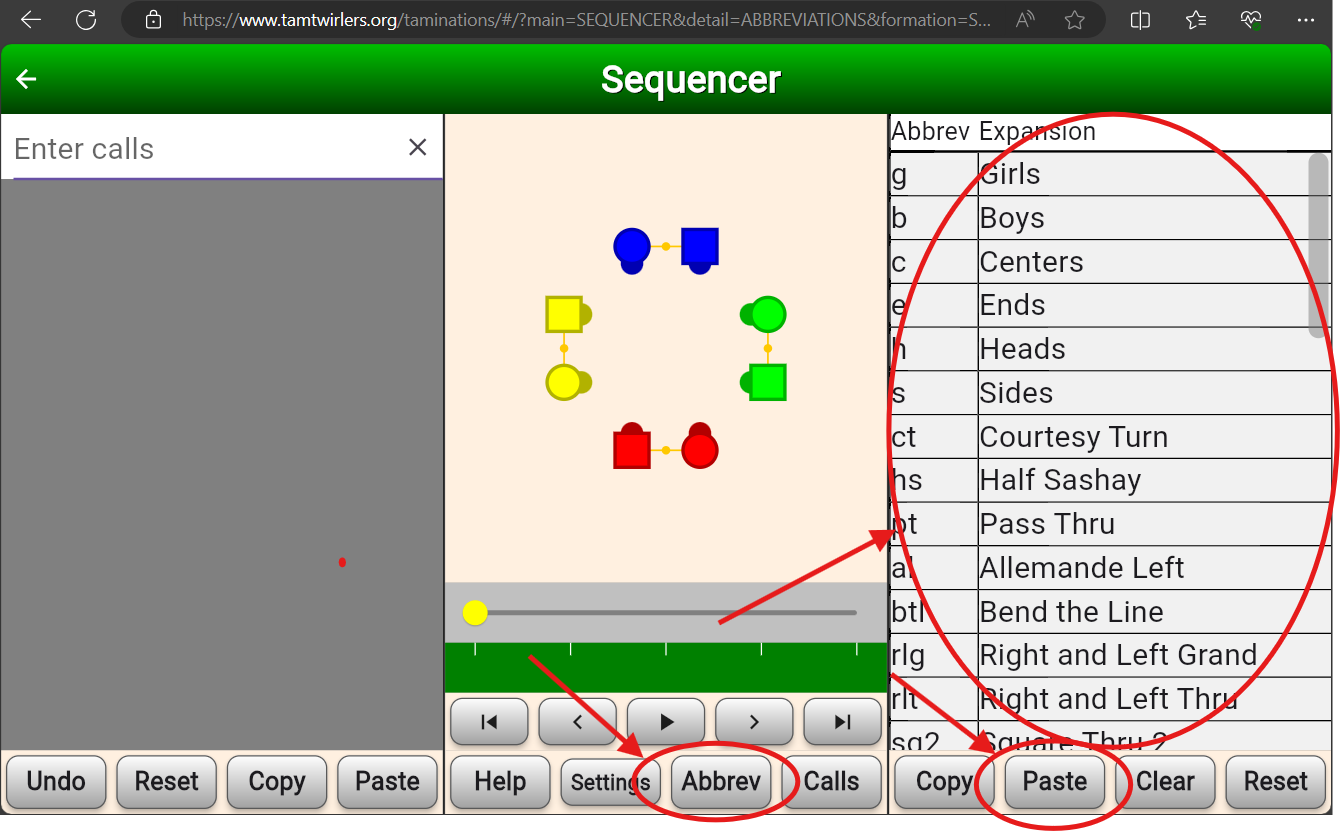 Taminations sequencer with the Abbrev and Paste buttons circled