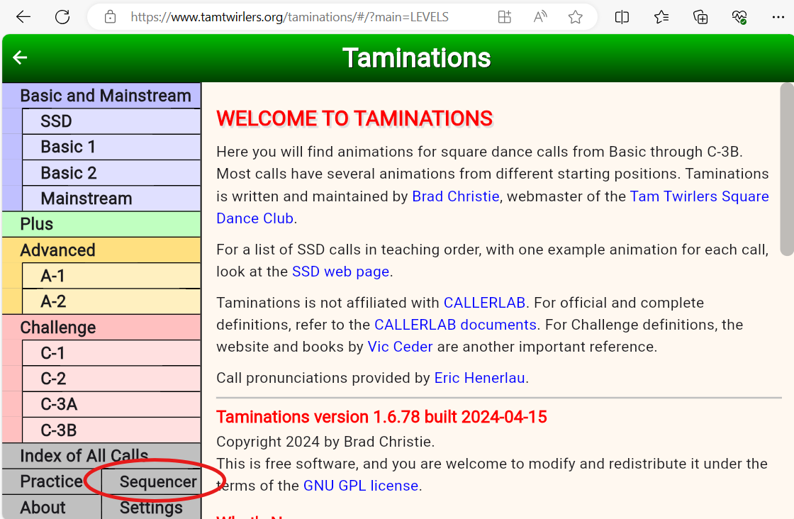 Taminations main window with the Sequencer button circled