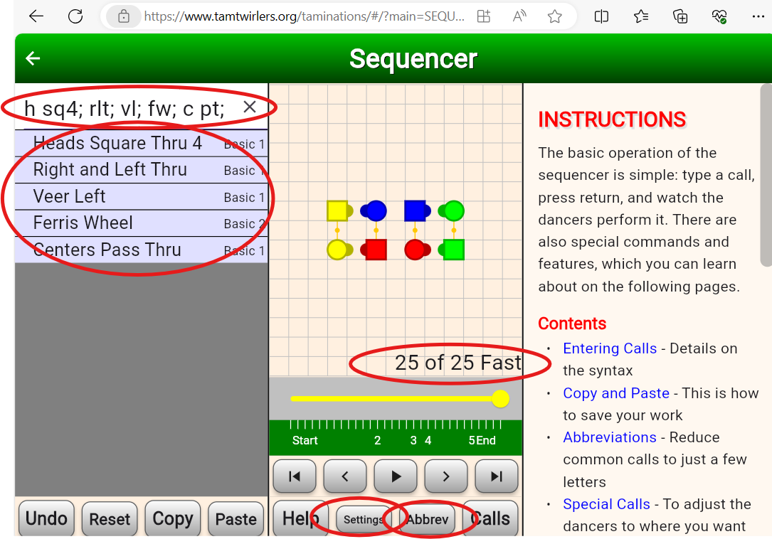 Taminations sequencer with five calls entered