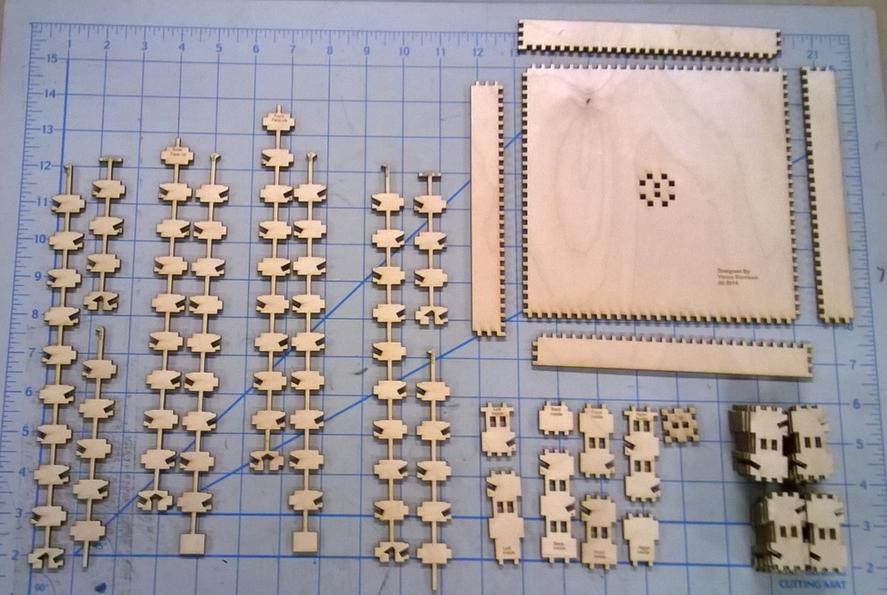 Laser-cut pieces laid out